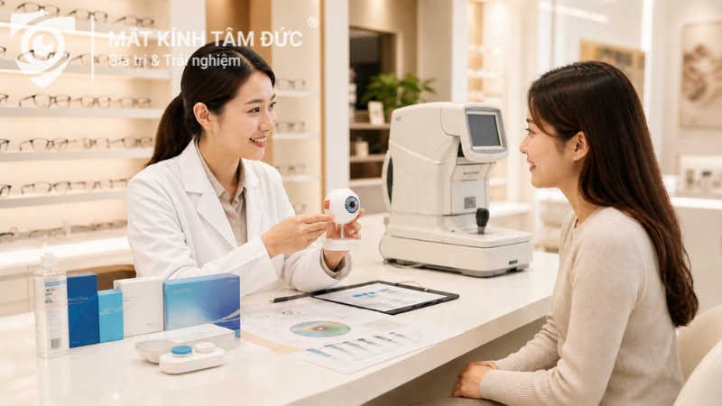 Đo mắt trước khi chọn kính áp tròng cận loạn tại cửa hàng mắt kính