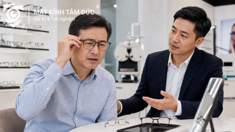 Người đeo kính lão đa tròng không phù hợp bị nhìn mờ và khó chịu
