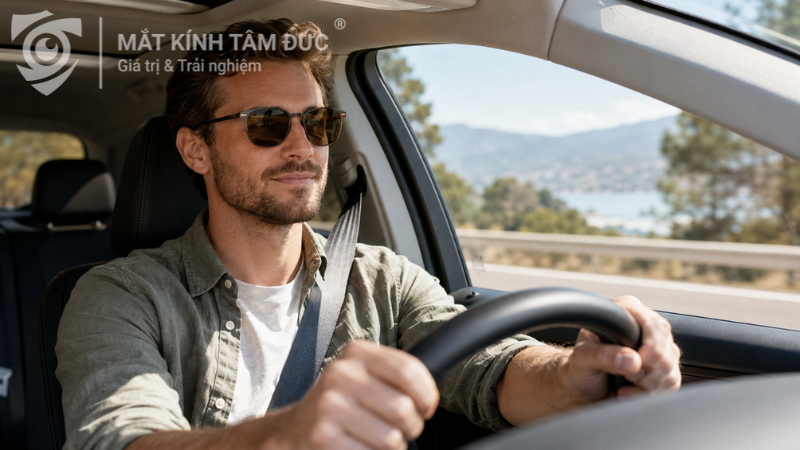 Người đeo kính râm có độ lái xe ban ngày dưới ánh nắng nhẹ