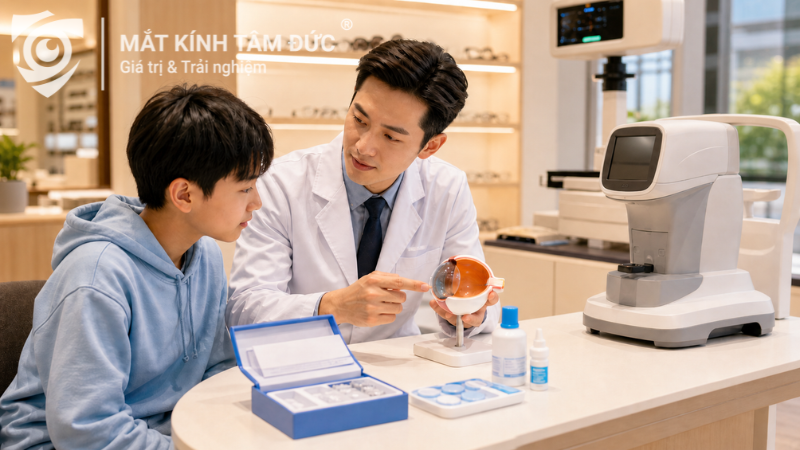 Chuyên viên tư vấn kính Ortho-K cho trẻ em tại cửa hàng mắt kính